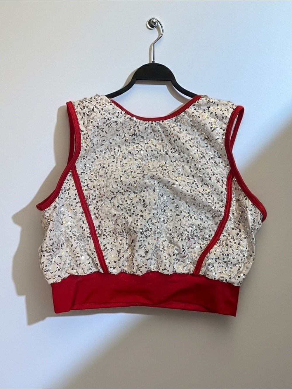 Weissman White Sequin Crop Top with Red Trim